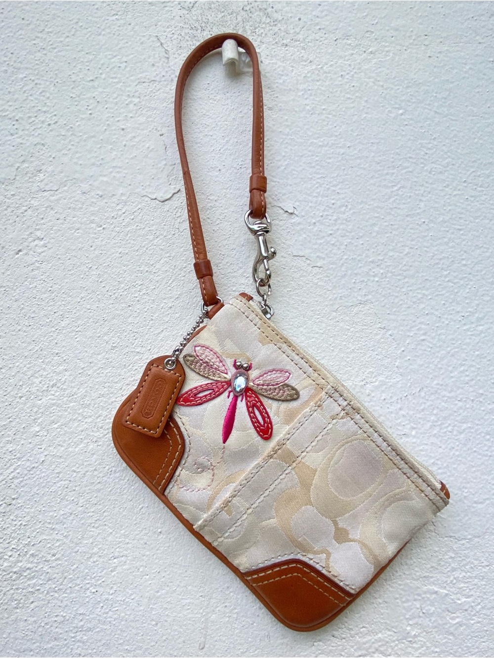 RARE Y2K Coach Tan Monogram Dragonfly Embellished Wristlet